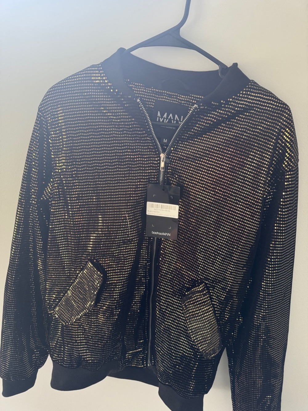 Boohoo Mens Black Bomber Jacket with Gold Stud Detail